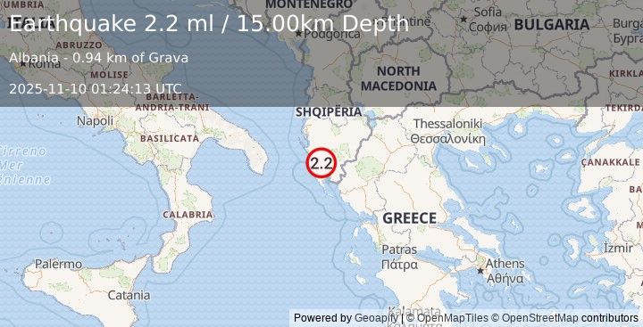 Earthquake ADRIATIC SEA (2.2 ml) (2025-11-10 01:24:13 UTC)