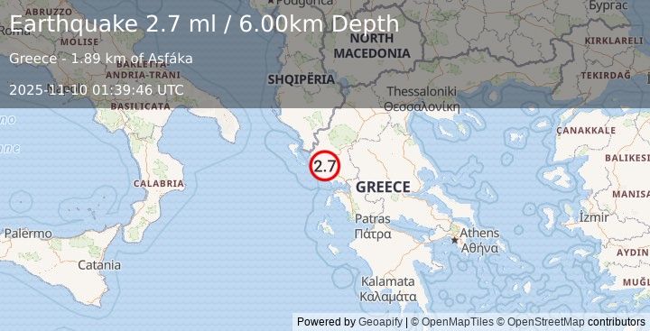 Earthquake GREECE (2.7 ml) (2025-11-10 01:39:45 UTC)