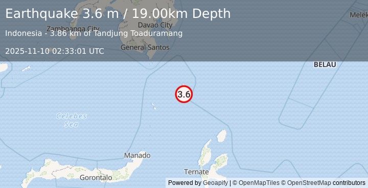 Earthquake KEPULAUAN TALAUD, INDONESIA (3.6 m) (2025-11-10 02:33:01 UTC)
