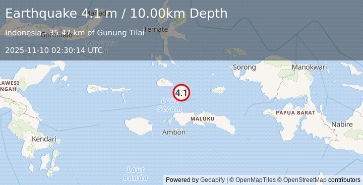 Earthquake KEPULAUAN OBI, INDONESIA (4.1 m) (2025-11-10 02:30:14 UTC)