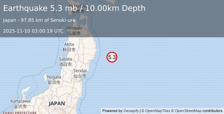 Earthquake OFF EAST COAST OF HONSHU, JAPAN (5.5 mw) (2025-11-10 03:00:20 UTC)