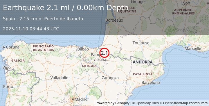 Earthquake PYRENEES (2.1 ml) (2025-11-10 03:44:43 UTC)