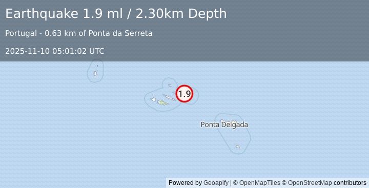 Earthquake AZORES ISLANDS, PORTUGAL (1.9 ml) (2025-11-10 05:01:02 UTC)