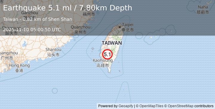 Earthquake TAIWAN (5.1 mb) (2025-11-10 05:00:48 UTC)