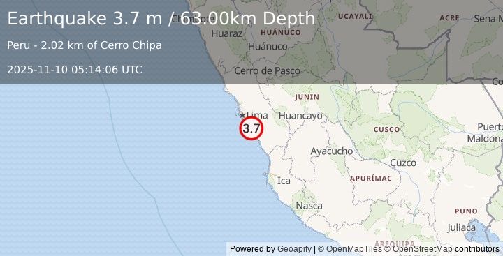 Earthquake NEAR COAST OF CENTRAL PERU (3.7 m) (2025-11-10 05:14:06 UTC)