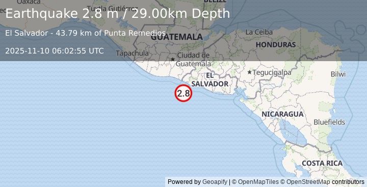 Earthquake OFFSHORE EL SALVADOR (2.8 m) (2025-11-10 06:02:55 UTC)