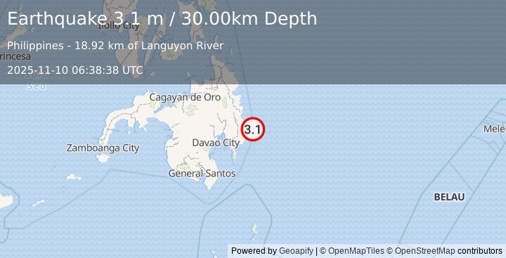Earthquake MINDANAO, PHILIPPINES (3.1 m) (2025-11-10 06:38:38 UTC)