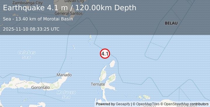 Earthquake KEPULAUAN TALAUD, INDONESIA (4.1 m) (2025-11-10 08:33:25 UTC)