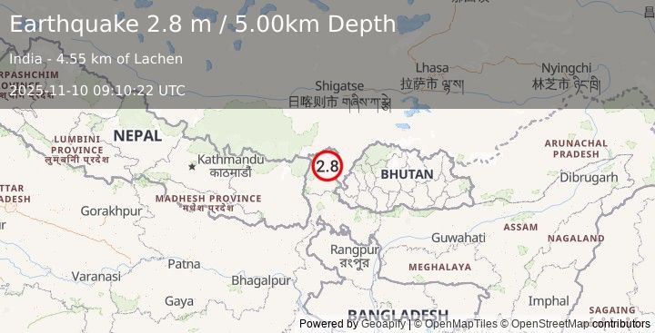 Earthquake SIKKIM, INDIA (2.8 m) (2025-11-10 09:10:22 UTC)