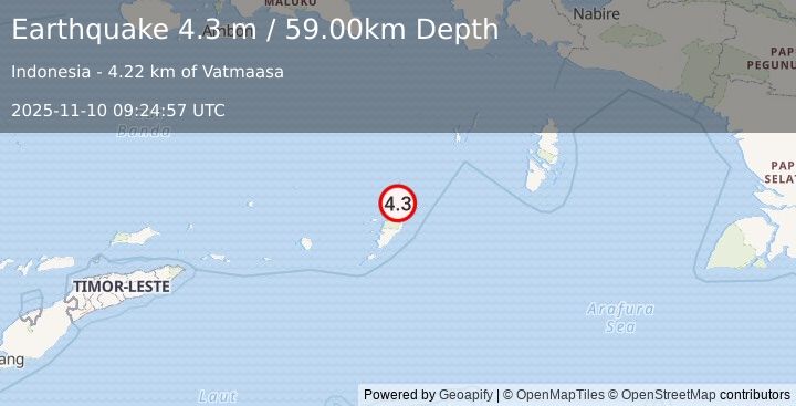 Earthquake KEP. TANIMBAR REGION, INDONESIA (4.3 m) (2025-11-10 09:24:57 UTC)