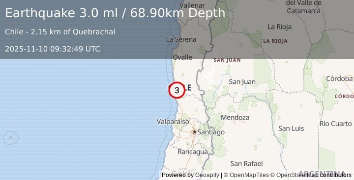 Earthquake COQUIMBO, CHILE (3.0 ml) (2025-11-10 09:32:49 UTC)
