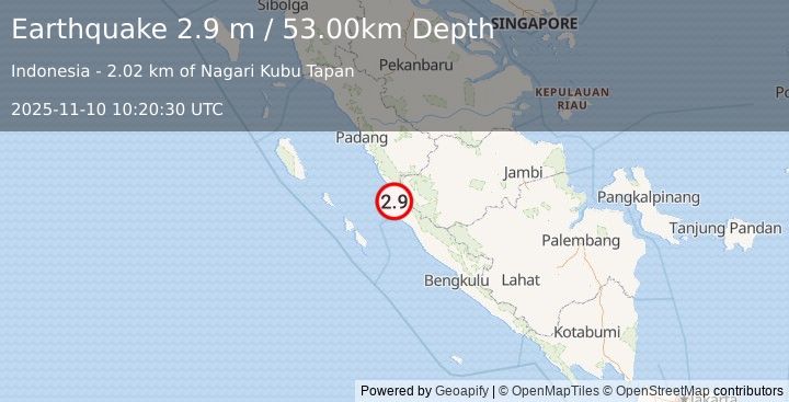Earthquake SOUTHERN SUMATRA, INDONESIA (2.9 m) (2025-11-10 10:20:30 UTC)