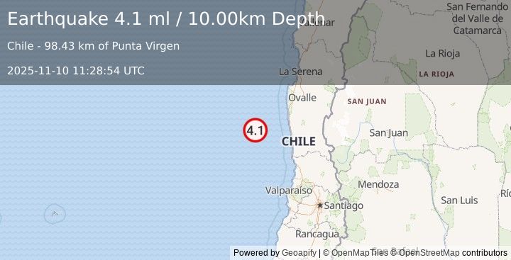Earthquake OFF COAST OF COQUIMBO, CHILE (4.1 ml) (2025-11-10 11:28:54 UTC)