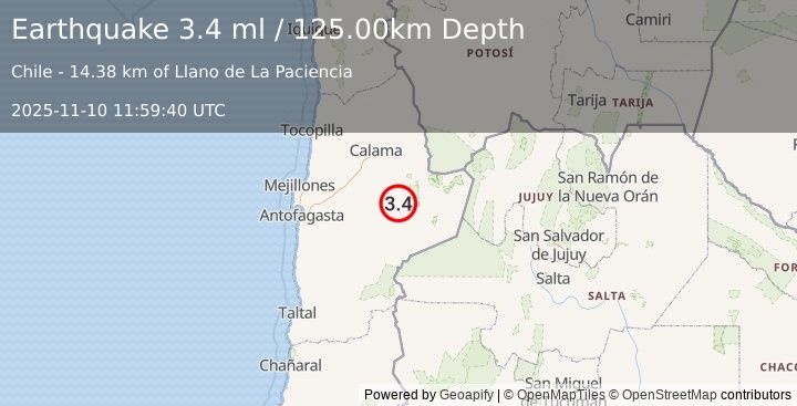 Earthquake ANTOFAGASTA, CHILE (3.4 ml) (2025-11-10 11:59:40 UTC)