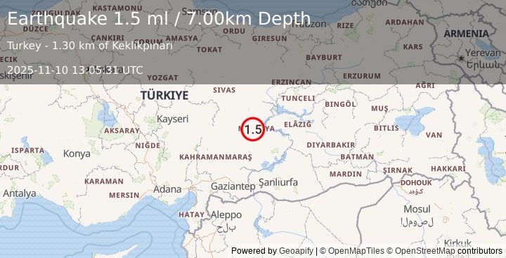 Earthquake EASTERN TURKEY (1.5 ml) (2025-11-10 13:05:31 UTC)