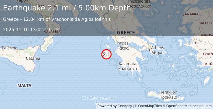 Earthquake IONIAN SEA (2.1 ml) (2025-11-10 13:42:19 UTC)