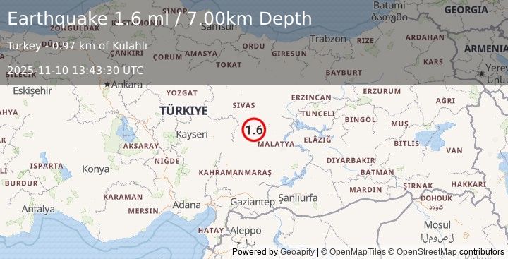 Earthquake CENTRAL TURKEY (1.6 ml) (2025-11-10 13:43:30 UTC)