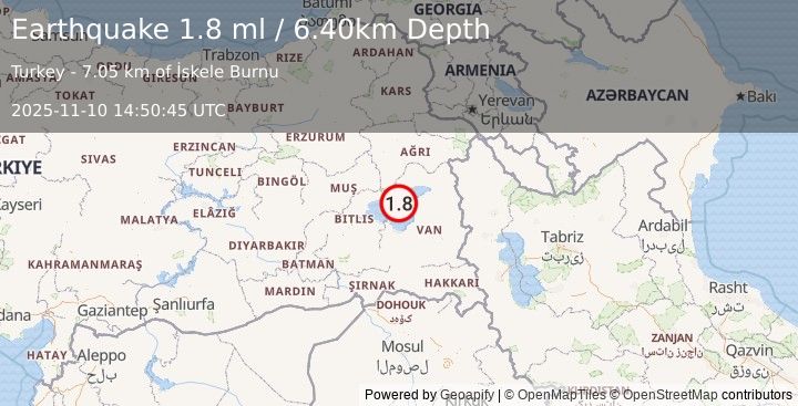 Earthquake EASTERN TURKEY (1.8 ml) (2025-11-10 14:50:45 UTC)
