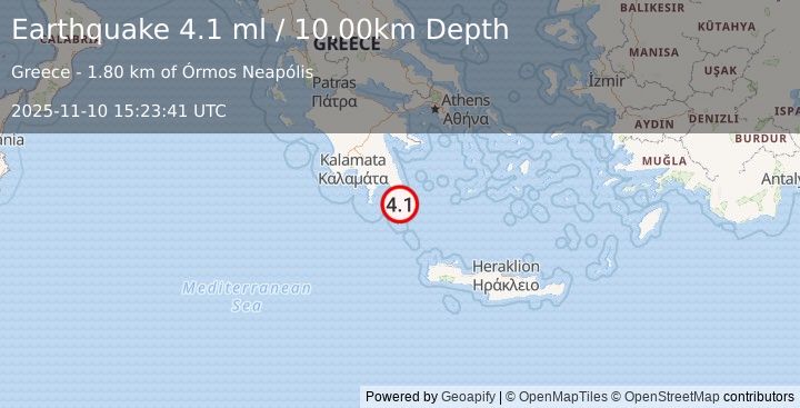 Earthquake SOUTHERN GREECE (4.1 ml) (2025-11-10 15:23:41 UTC)