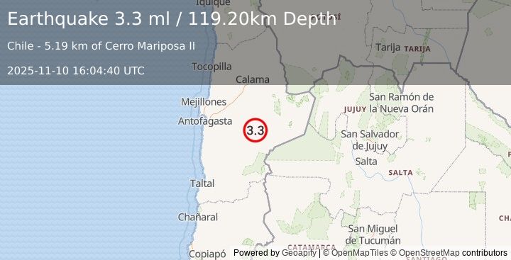 Earthquake ANTOFAGASTA, CHILE (3.3 ml) (2025-11-10 16:04:40 UTC)