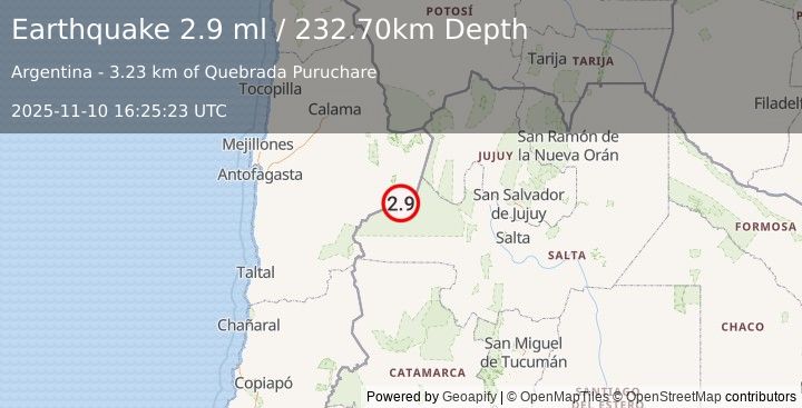 Earthquake SALTA, ARGENTINA (2.9 ml) (2025-11-10 16:25:23 UTC)