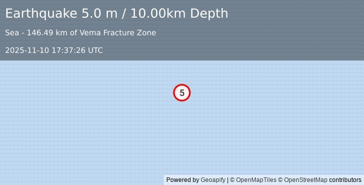 Earthquake NORTHERN MID-ATLANTIC RIDGE (4.9 mb) (2025-11-10 17:37:25 UTC)