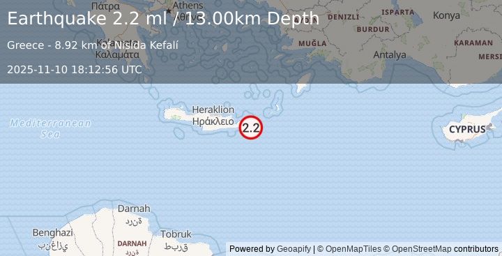 Earthquake CRETE, GREECE (2.2 ml) (2025-11-10 18:12:56 UTC)