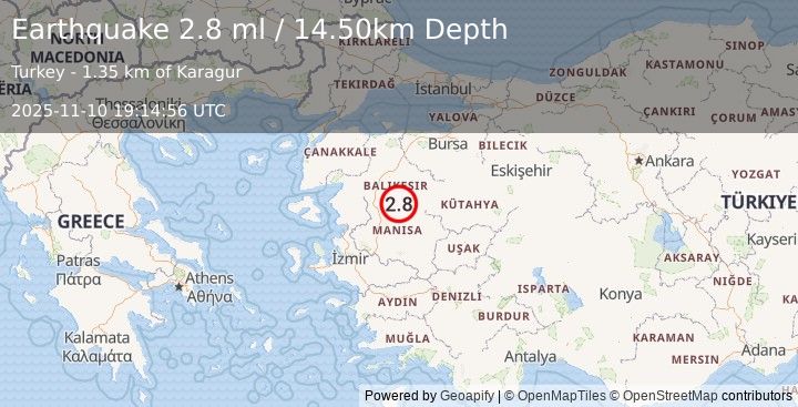 Earthquake WESTERN TURKEY (2.8 ml) (2025-11-10 19:14:56 UTC)