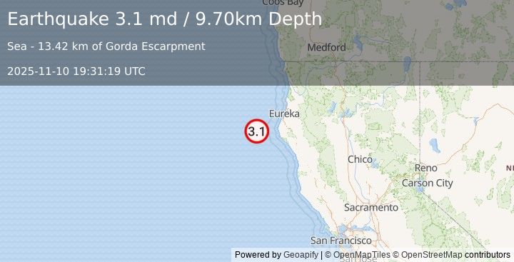 Earthquake OFFSHORE NORTHERN CALIFORNIA (2.9 md) (2025-11-10 19:31:11 UTC)