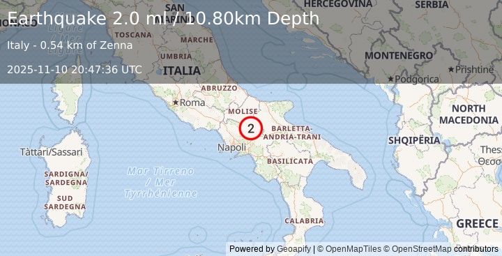 Earthquake SOUTHERN ITALY (2.0 ml) (2025-11-10 20:47:36 UTC)