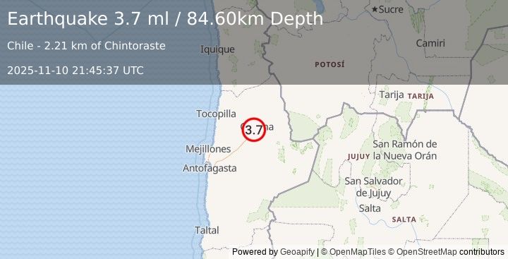Earthquake ANTOFAGASTA, CHILE (3.8 ml) (2025-11-10 21:45:35 UTC)