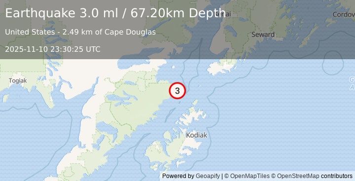 Earthquake KODIAK ISLAND REGION, ALASKA (3.0 ml) (2025-11-10 23:30:25 UTC)