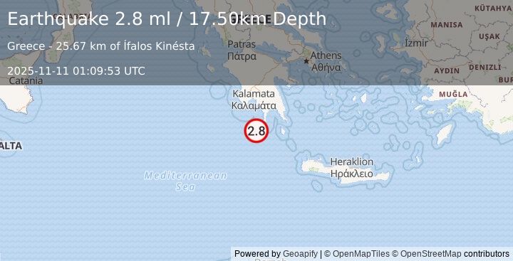 Earthquake SOUTHERN GREECE (2.8 ml) (2025-11-11 01:09:53 UTC)
