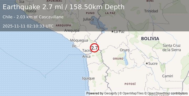 Earthquake TARAPACA, CHILE (2.7 ml) (2025-11-11 02:10:33 UTC)