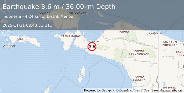 Earthquake PAPUA, INDONESIA (3.6 m) (2025-11-11 02:43:51 UTC)