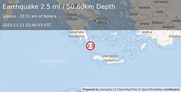 Earthquake SOUTHERN GREECE (2.5 ml) (2025-11-11 02:46:53 UTC)