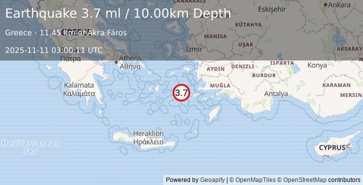 Earthquake DODECANESE ISLANDS, GREECE (3.7 ml) (2025-11-11 03:00:11 UTC)