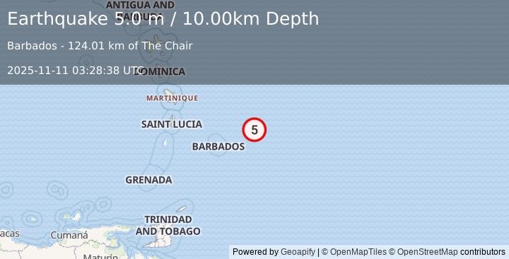 Earthquake BARBADOS REGION, WINDWARD ISL. (5.0 mw) (2025-11-11 03:28:37 UTC)