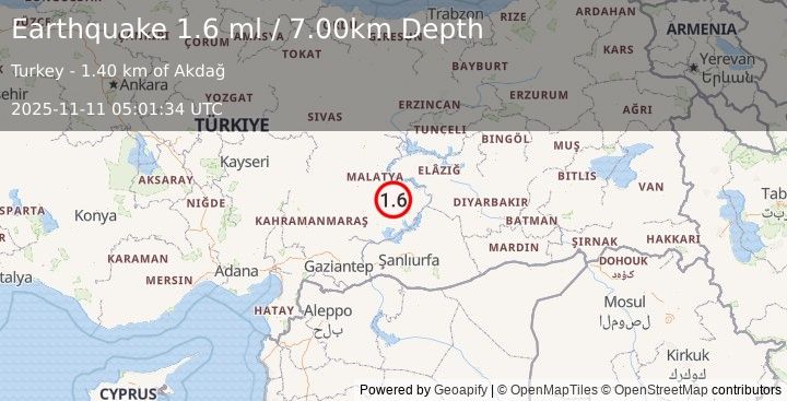 Earthquake EASTERN TURKEY (1.6 ml) (2025-11-11 05:01:34 UTC)