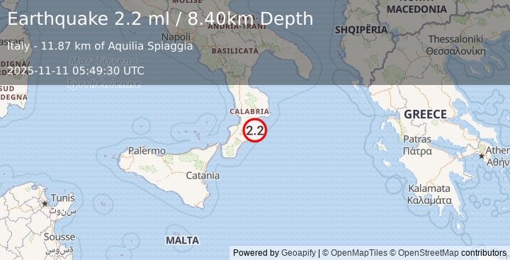 Earthquake SOUTHERN ITALY (2.2 ml) (2025-11-11 05:49:30 UTC)