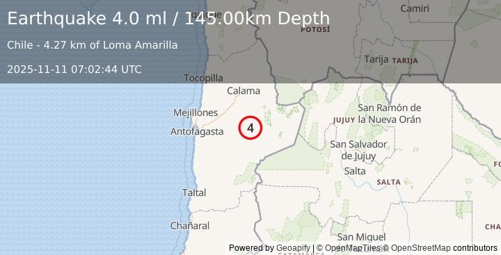 Earthquake ANTOFAGASTA, CHILE (4.2 ml) (2025-11-11 07:02:45 UTC)