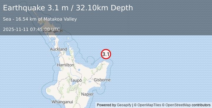 Earthquake OFF E. COAST OF N. ISLAND, N.Z. (3.1 m) (2025-11-11 07:45:00 UTC)