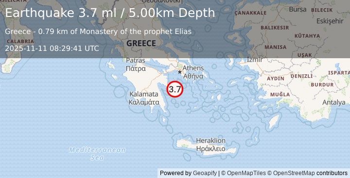 Earthquake SOUTHERN GREECE (3.7 ml) (2025-11-11 08:29:41 UTC)