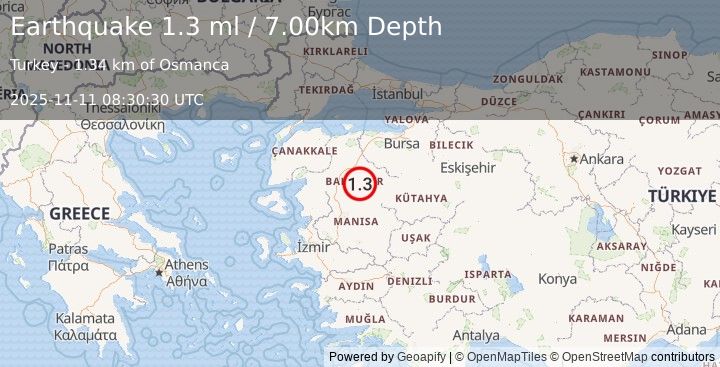 Earthquake WESTERN TURKEY (1.3 ml) (2025-11-11 08:30:30 UTC)