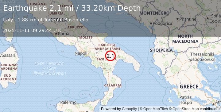Earthquake SOUTHERN ITALY (2.1 ml) (2025-11-11 09:29:44 UTC)