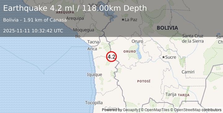 Earthquake TARAPACA, CHILE (4.1 ml) (2025-11-11 10:32:44 UTC)