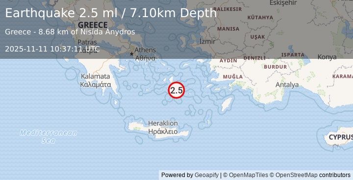 Earthquake DODECANESE ISLANDS, GREECE (2.5 ml) (2025-11-11 10:37:11 UTC)