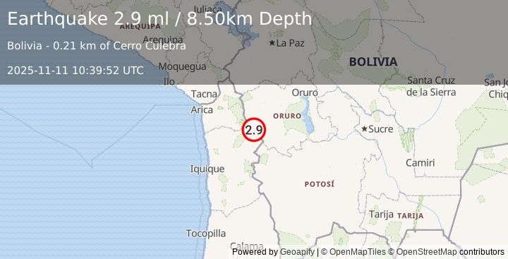 Earthquake ORURO, BOLIVIA (2.9 ml) (2025-11-11 10:39:52 UTC)