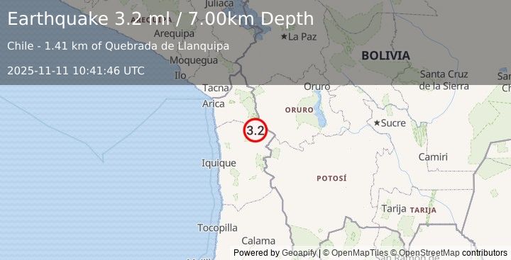 Earthquake TARAPACA, CHILE (3.2 ml) (2025-11-11 10:41:46 UTC)