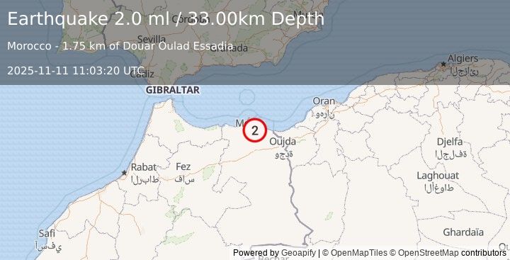 Earthquake STRAIT OF GIBRALTAR (2.0 ml) (2025-11-11 11:03:20 UTC)